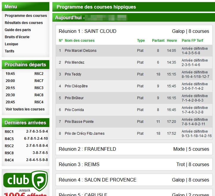 Voici comment est affiché le calendrier des recontres chez FrancePari Turf