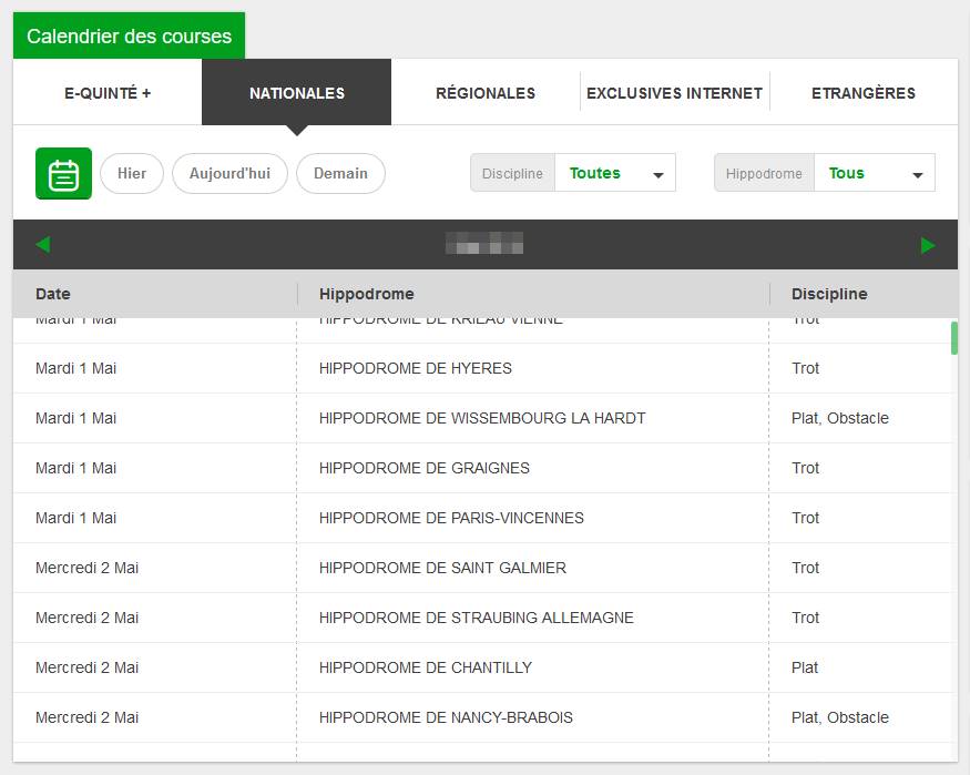 Vue du calendrier des courses sur le site