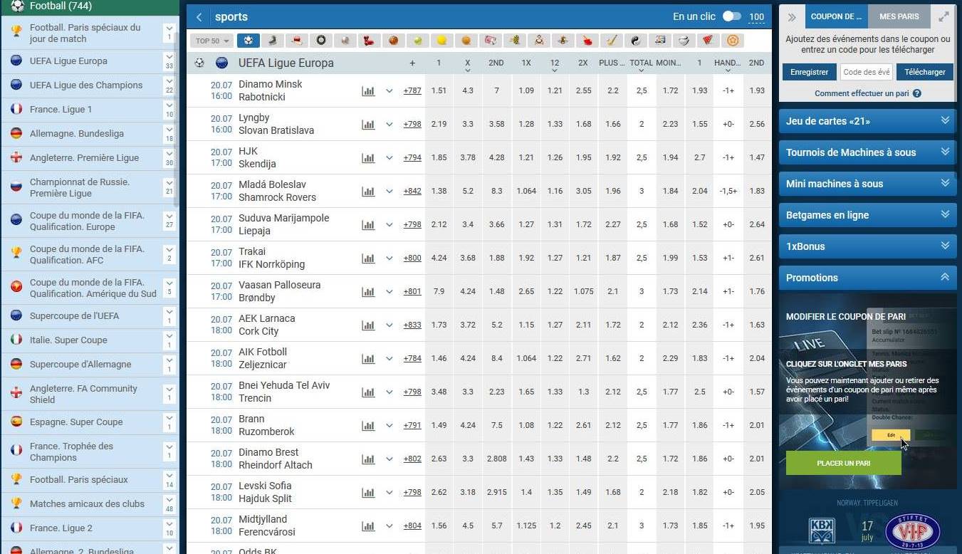 Une liste de paris sur le football